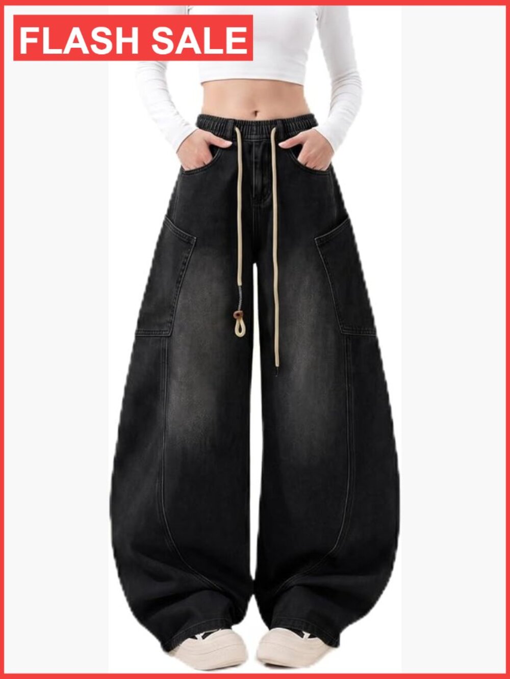 High Rise Baggy Barrel Jeans Women Drawstring Elastic Waist Wide Leg
